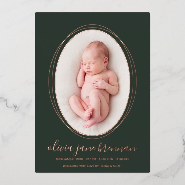 Rose Gold Deep Sage Birth Announcement (Front)