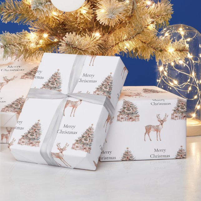 Rose Gold Deer and Christmas Trees Wrapping Paper (Holidays)