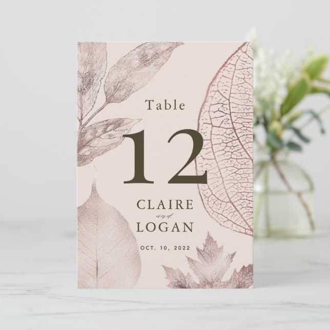 Rose Gold Delicate Leaves Wedding Table Number (Standing Front)