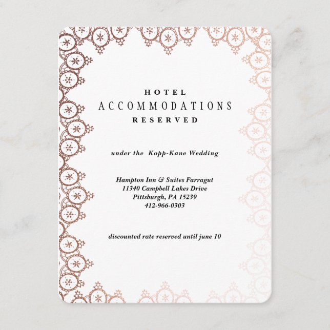 Rose Gold Delicate Wedding Hotel Card (Front)