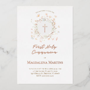 rose gold details First Communion delicate flowers