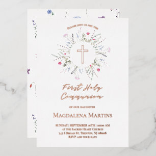 rose gold details First Communion wildflowers