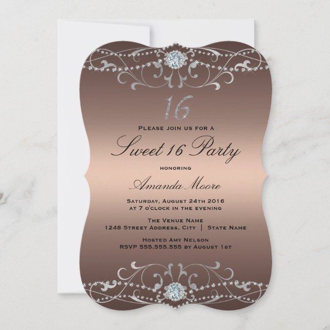 Rose Gold Diamond Damask Sweet 16 Invite (Front)