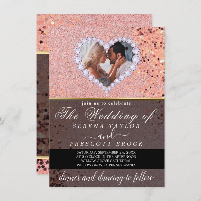 Rose Gold Diamond Heart Custom Photo Wedding Invitation (Front/Back)