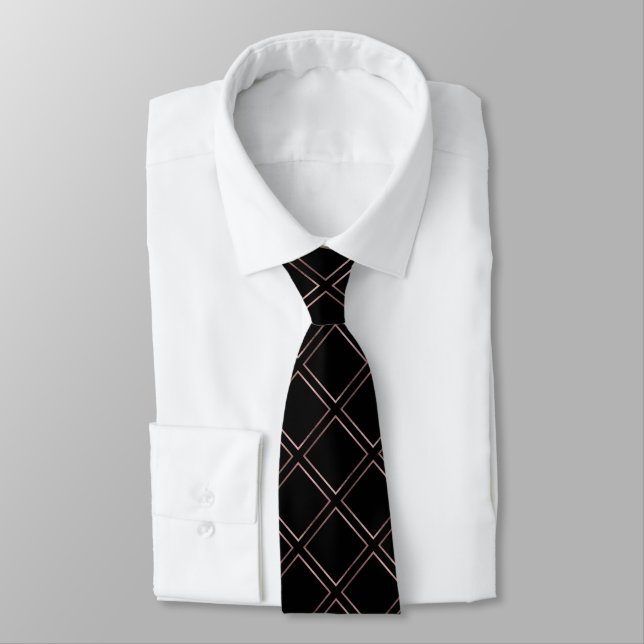 Rose Gold Diamond Pattern Modern Black Tie (Tied)