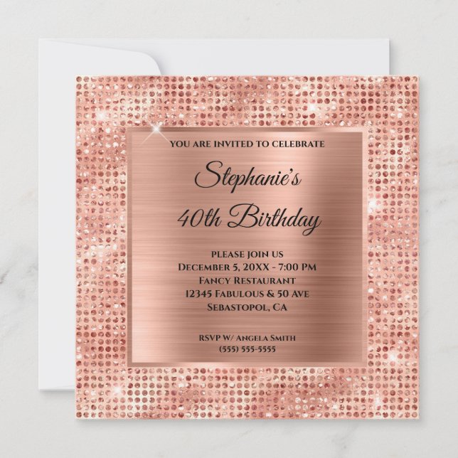 Rose Gold Diamond Studded Foil 40th Birthday Invitation (Front)