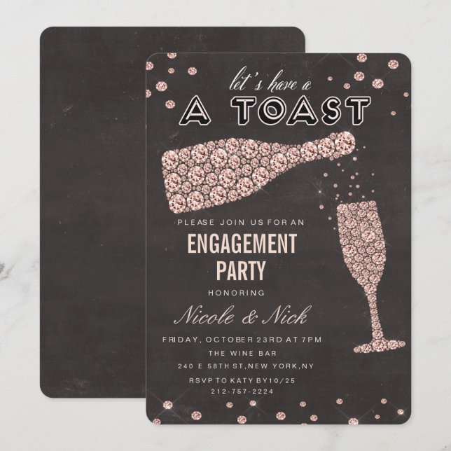 Rose Gold Diamond Wine Glass Engagement Invitation (Front/Back)