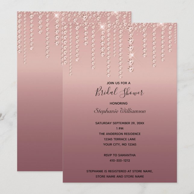 Rose Gold Diamonds Dripping Trendy Bridal Shower Invitation (Front/Back)