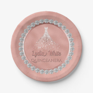 Rose Gold Diamonds Sparkle Dress Quinceanera Paper Plate