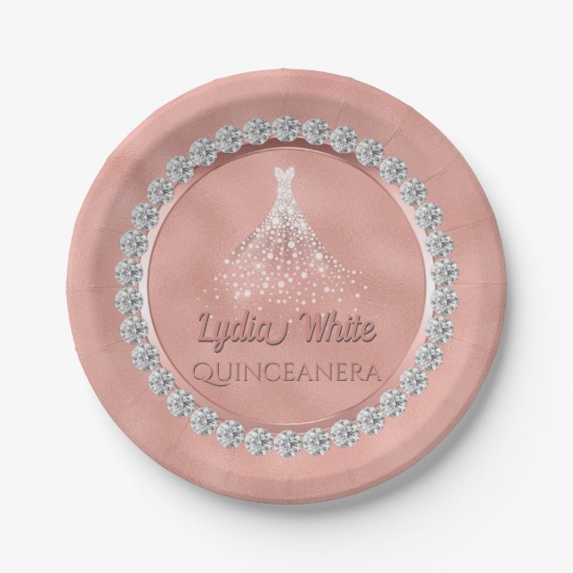 Rose Gold Diamonds Sparkle Dress Quinceanera Paper Plate (Front)