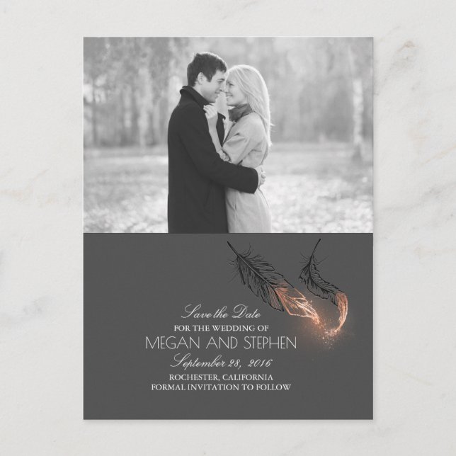 Rose Gold Dipped Feathers Chic Photo Save the Date Announcement Postcard (Front)
