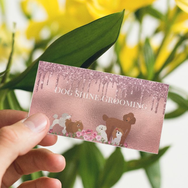 Rose Gold Dog Grooming Glitter Pet Services Business Card (Creator Uploaded)