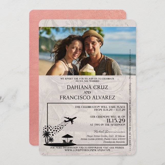 Rose Gold Dominican Republic Passport Wedding Invitation (Front/Back)