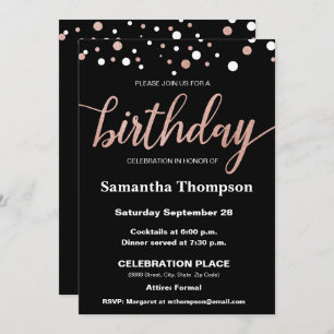 Rose Gold, Dots, Birthday Script on Black, Elegant Invitation