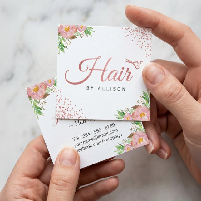 Rose Gold Dots Scissors Floral Hair Stylist Square Business Card (Creator Uploaded)