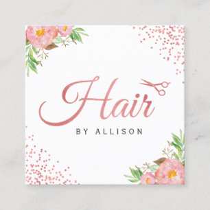 Rose Gold Dots Scissors Floral Hair Stylist Square Business Card
