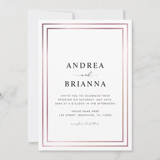 Rose Gold Double Border Frame All in One Wedding Invitation (Front)