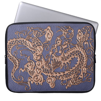 Rose Gold Dragon on Blue Slate Leather Texture Laptop Sleeve
