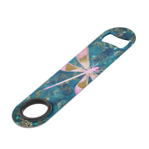 Rose Gold Dragonfly on Turquoise Floral Background