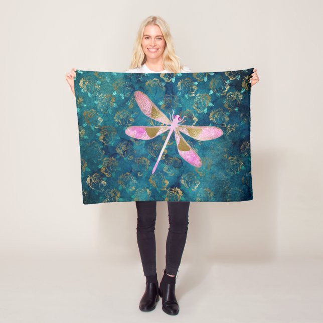 Rose Gold Dragonfly on Turquoise Floral Background Fleece Blanket (In Situ)