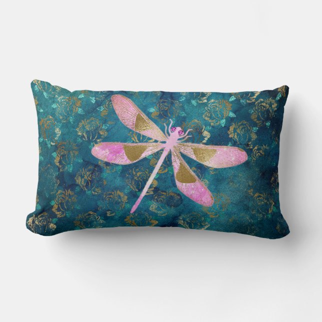 Rose Gold Dragonfly on Turquoise Floral Background Lumbar Cushion (Front)