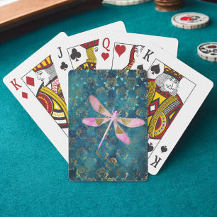 Rose Gold Dragonfly on Turquoise Floral Background Playing Cards