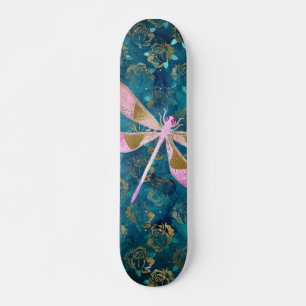 Rose Gold Dragonfly on Turquoise Floral Background Skateboard