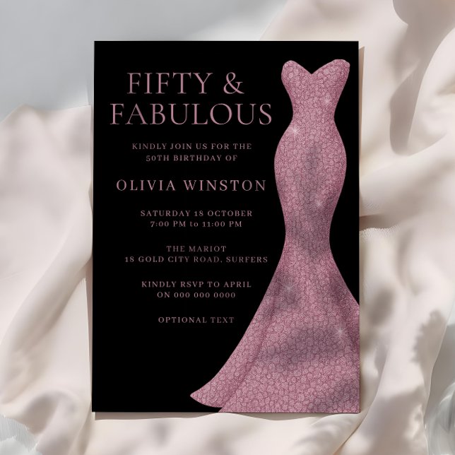 Rose Gold Dress & Black Womans 50th Birthday Invitation (Creator Uploaded)