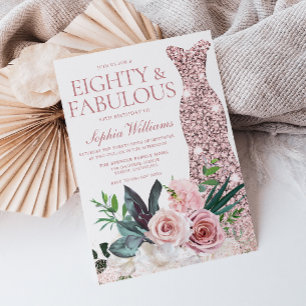 Rose Gold Dress Blush Floral 80th Birthday Party Invitation
