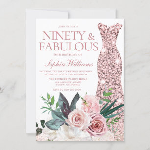 Rose Gold Dress Blush Floral 90th Birthday Party Invitation