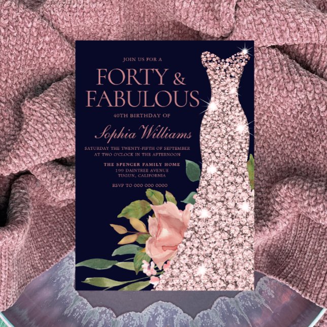 Rose Gold Dress Blush Flowers Navy 40th Birthday Invitation (Creator Uploaded)