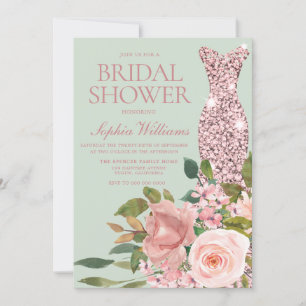 Rose Gold Dress Blush Flowers Sage Bridal Shower Invitation