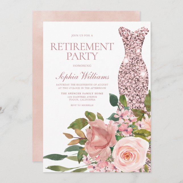 Rose Gold Dress Blush Pink Floral Retirement Party Invitation (Front/Back)