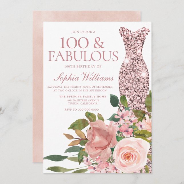 Rose Gold Dress Blush Pink Flowers 100th Birthday Invitation (Front/Back)