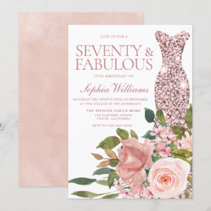 Rose Gold Dress & Blush Pink Flowers 70th Birthday Invitation