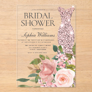 Rose Gold Dress & Blush Pink Flowers Bridal Shower Acrylic Invitations