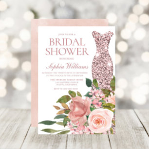Rose Gold Dress & Blush Pink Flowers Bridal Shower Invitation