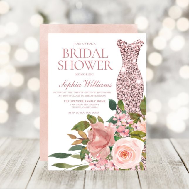 Rose Gold Dress & Blush Pink Flowers Bridal Shower Invitation (Creator Uploaded)