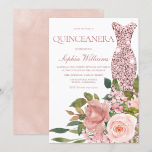 Rose Gold Dress & Blush Pink Flowers Quinceanera Invitation