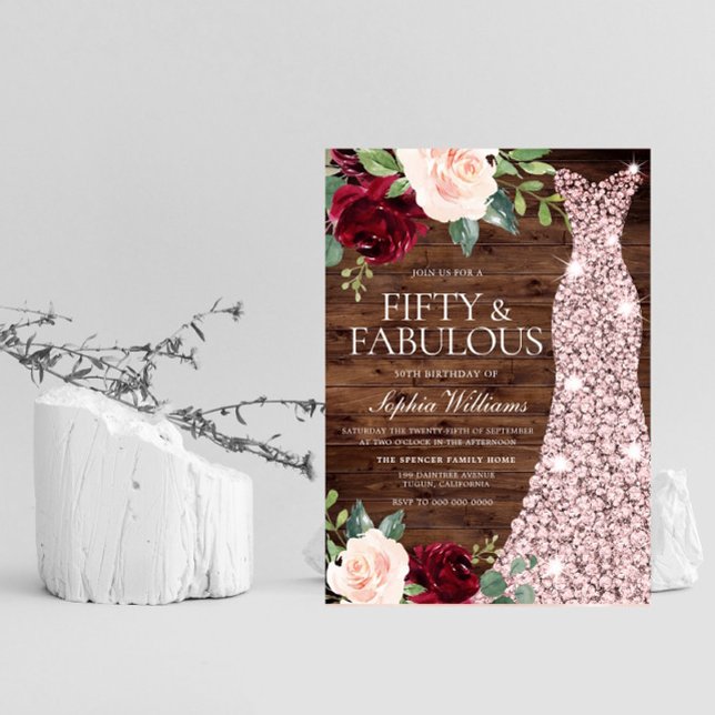 Rose Gold Dress Blush Rustic 50th Birthday Party Invitation (Creator Uploaded)