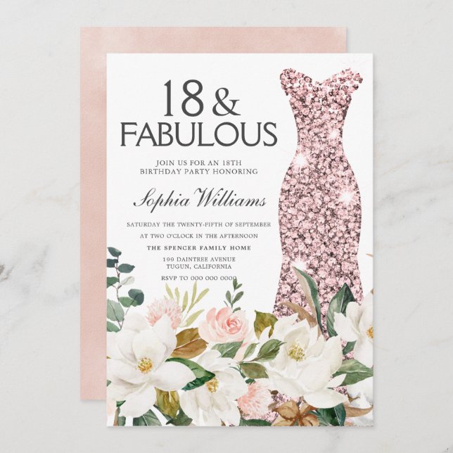 Rose Gold Dress Blush White 18th Birthday Party Invitation (Front/Back)