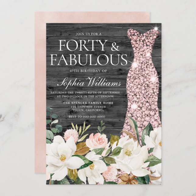 Rose Gold Dress Blush White Country 40th Birthday Invitation (Front/Back)