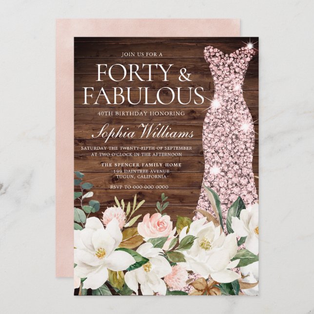 Rose Gold Dress Blush White Rustic 40th Birthday Invitation (Front/Back)