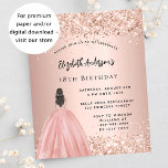 Rose gold dress budget birthday party invitation<br><div class="desc">A modern, stylish and glamourous invitation for a 18th (or any age) birthday party. A rose gold background with faux gold glitter dust, a girl wearing a ball gown. The name is written with a modern hand lettered style script. Personalise and add your party details. 1 sheet = 1 invitation...</div>