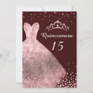 Rose Gold Dress Burgundy Quinceanera Party 15th Invitation