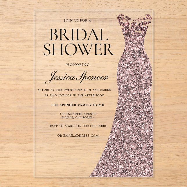 Rose Gold Dress Elegant Bridal Shower Acrylic Invitations (Front)