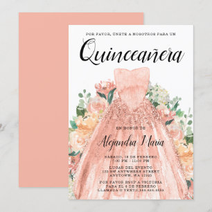 Rose Gold Dress Floral Quinceanera Spanish Invitation