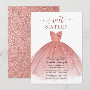 Rose Gold Dress Glitter Sweet 16 Birthday Invitation