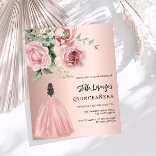 Rose gold dress pink floral Quinceanera invitation