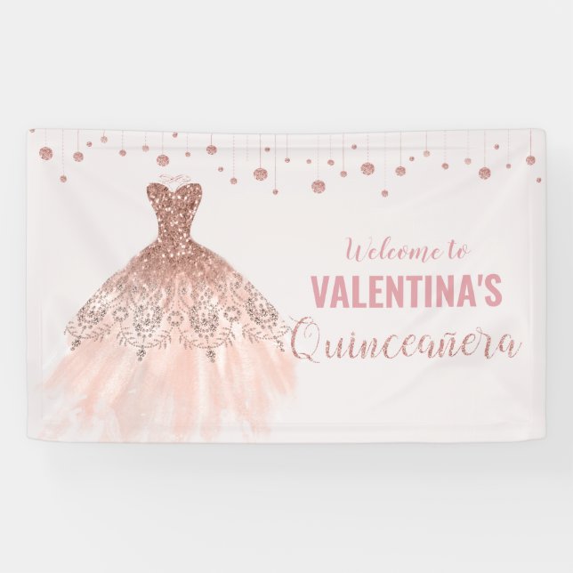 Rose Gold Dress Quinceañera 15th Birthday Backdrop Banner (Horizontal)